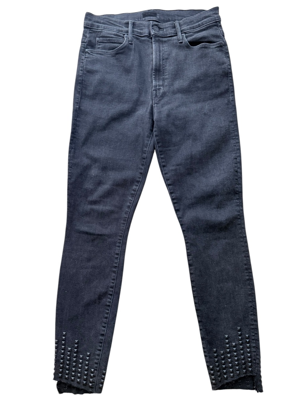 MOTHER The Stunner Zip Ankle Step Fray Studded Jeans Wrong Side the Truck Black